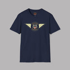 Austin Healey winged badge logo with navy and gold circular emblem, heraldic shield, and cream wings on a navy blue t-shirt flat on gray background