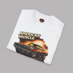 Folded white t-shirt with 'American Muscle' graphic design on a gray background