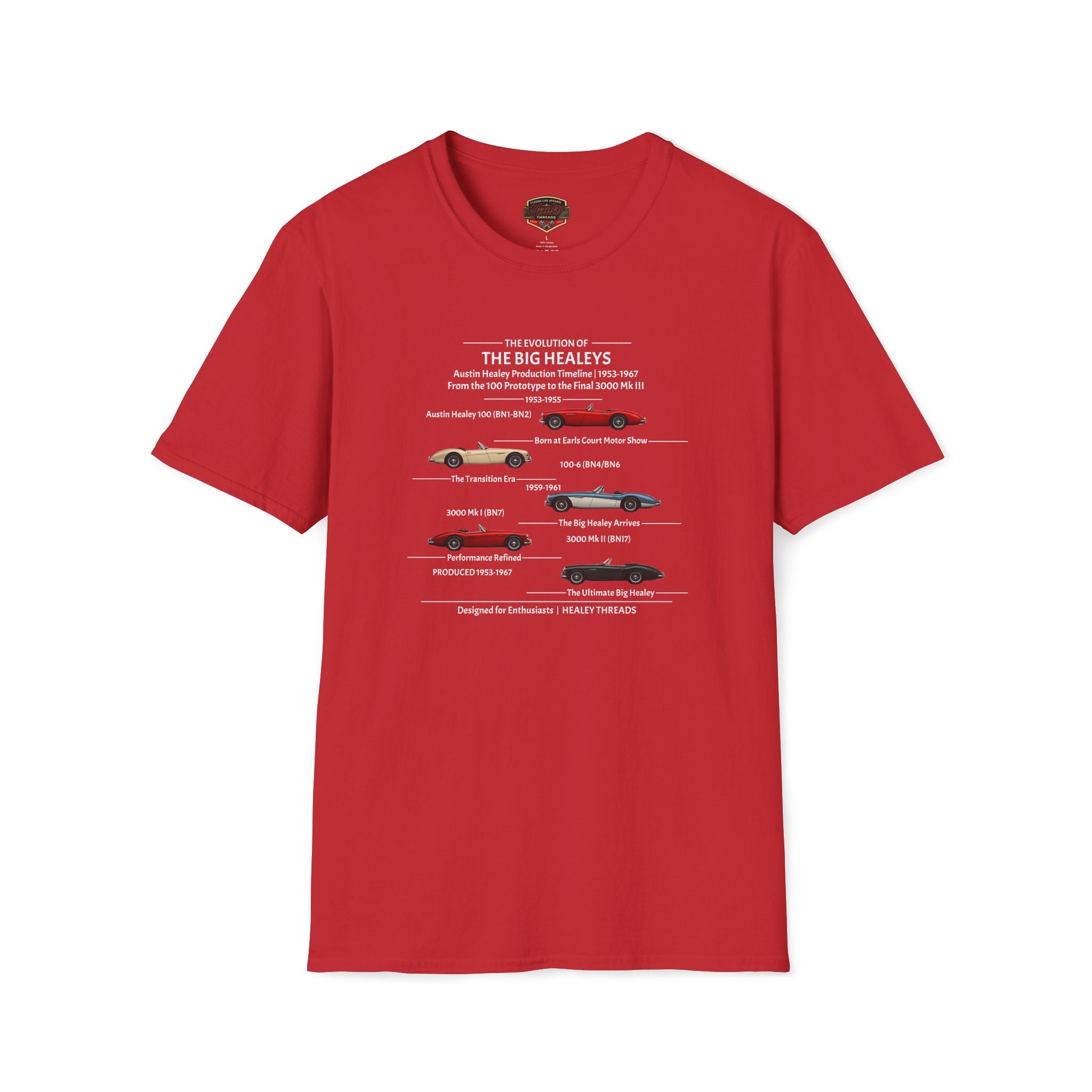 Red t-shirt with a Austin-Healey timeline of (1953–1967 models) on white background