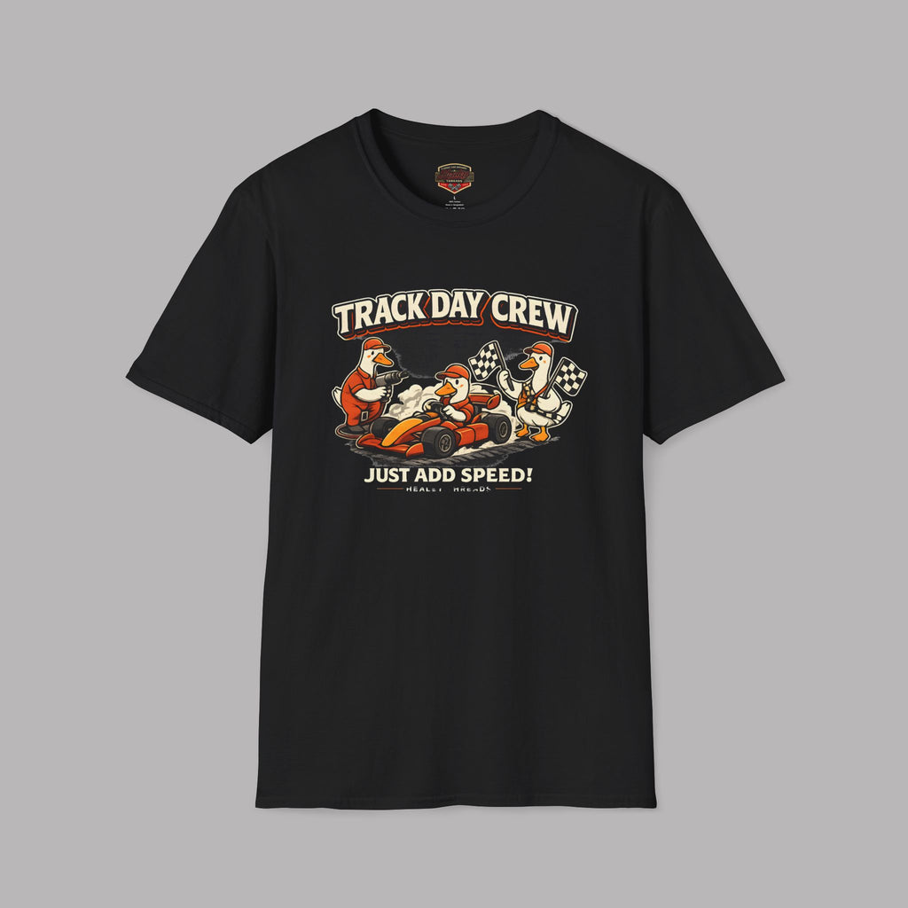 Black t-shirt with 'Track Day Crew' graphic on a gray background