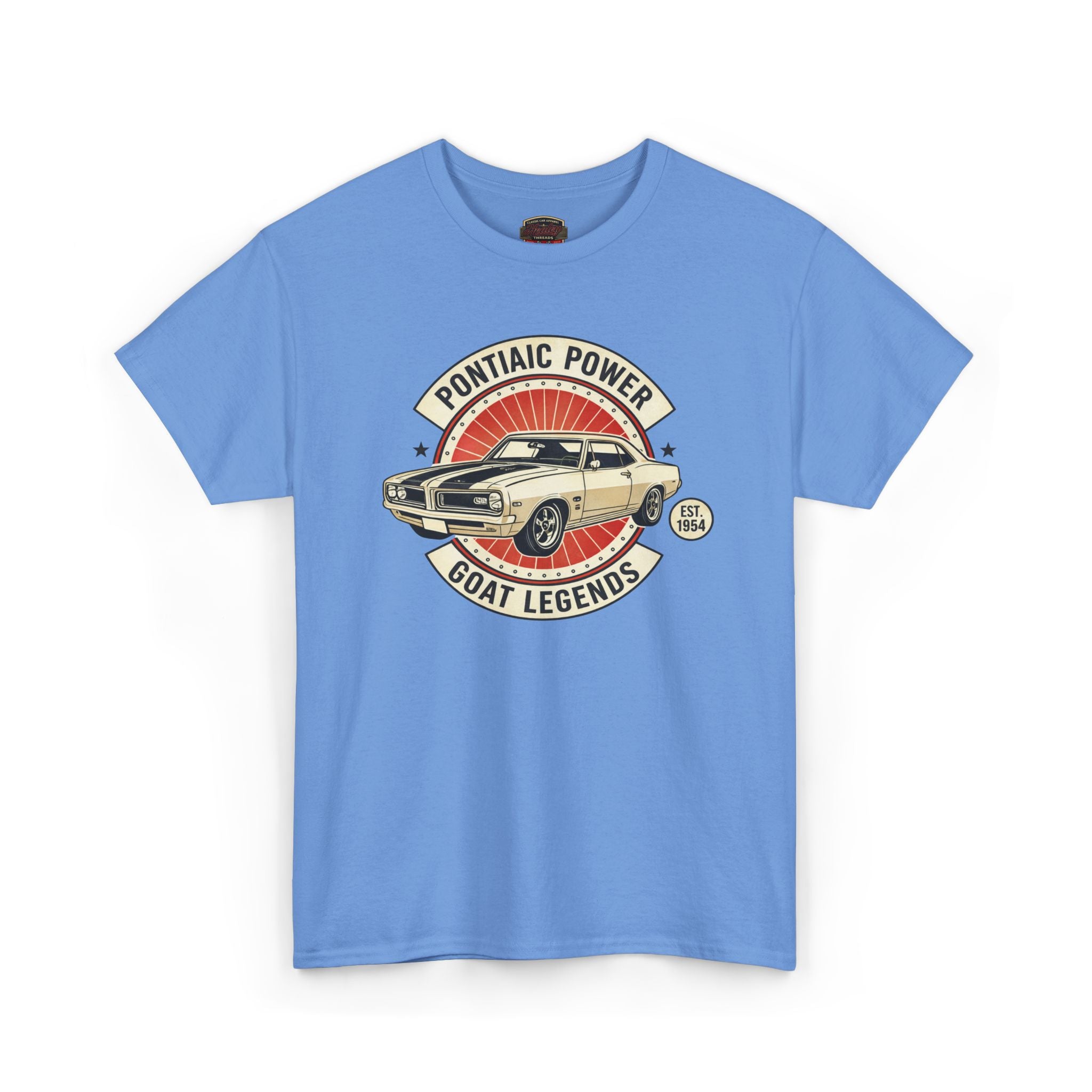 Carolina blue t-shirt with Pontiac Power graphic on a white background