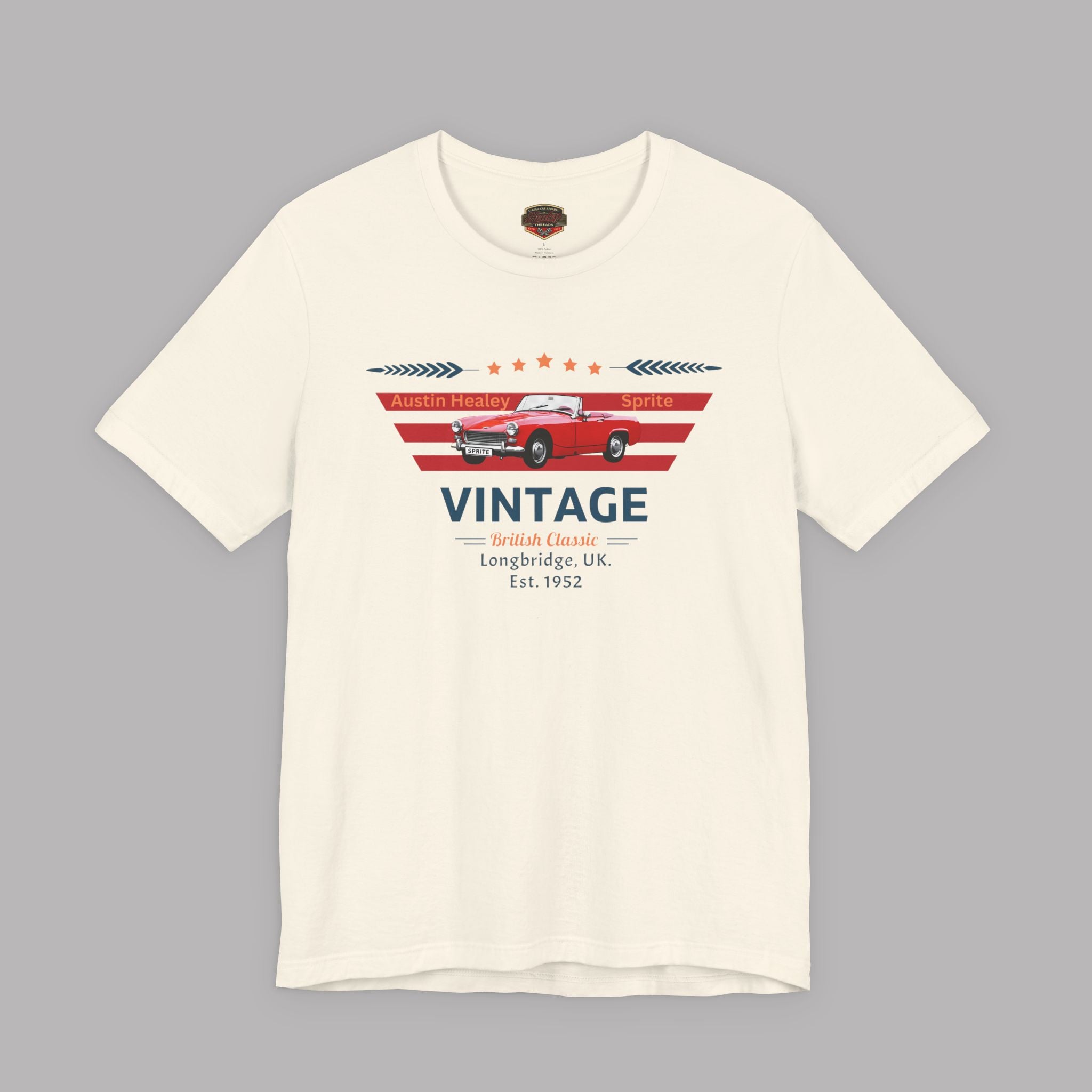 Natural t-shirt with a red car graphic and 'Vintage' text on a gray background