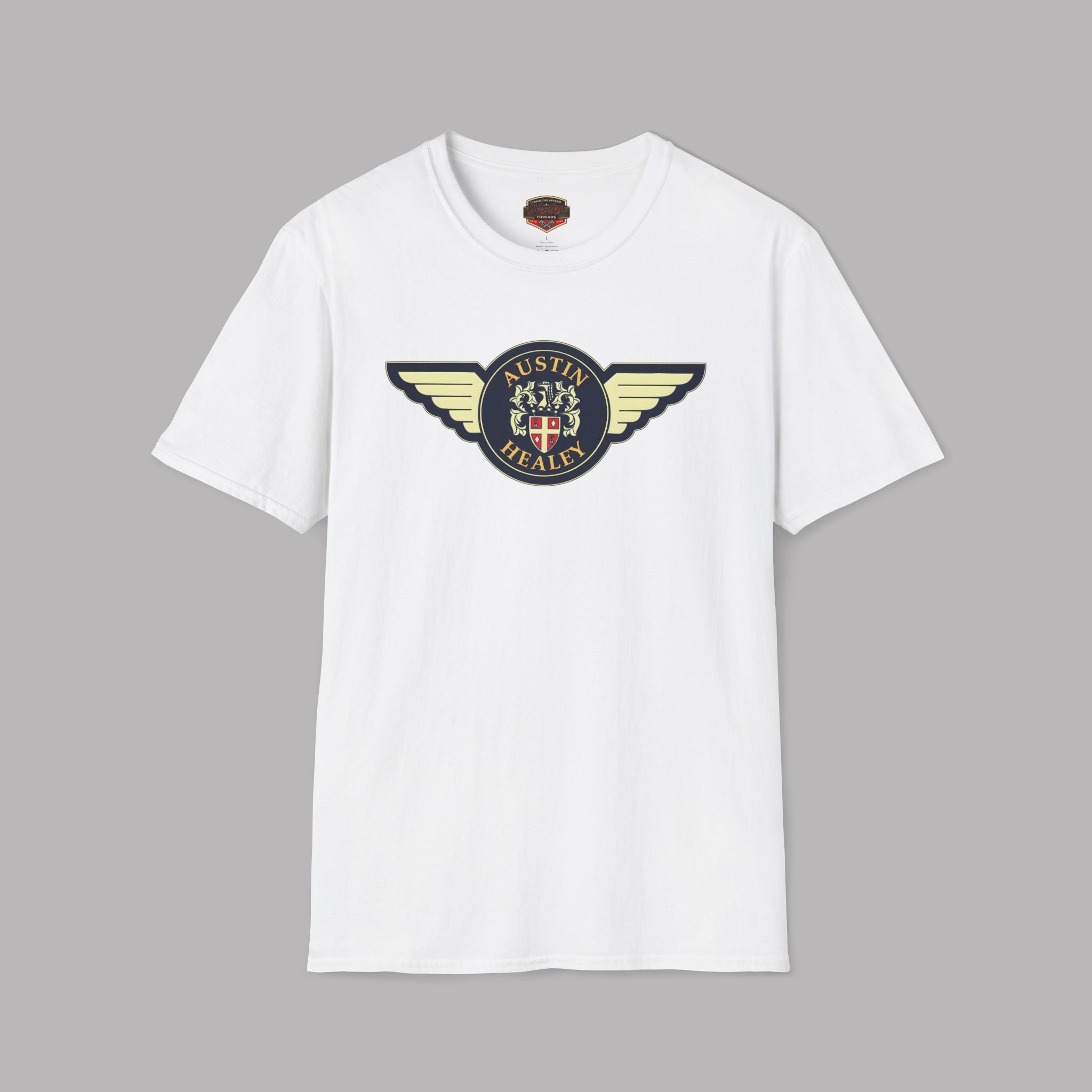 White t-shirt with Austin Healey logo on a gray background