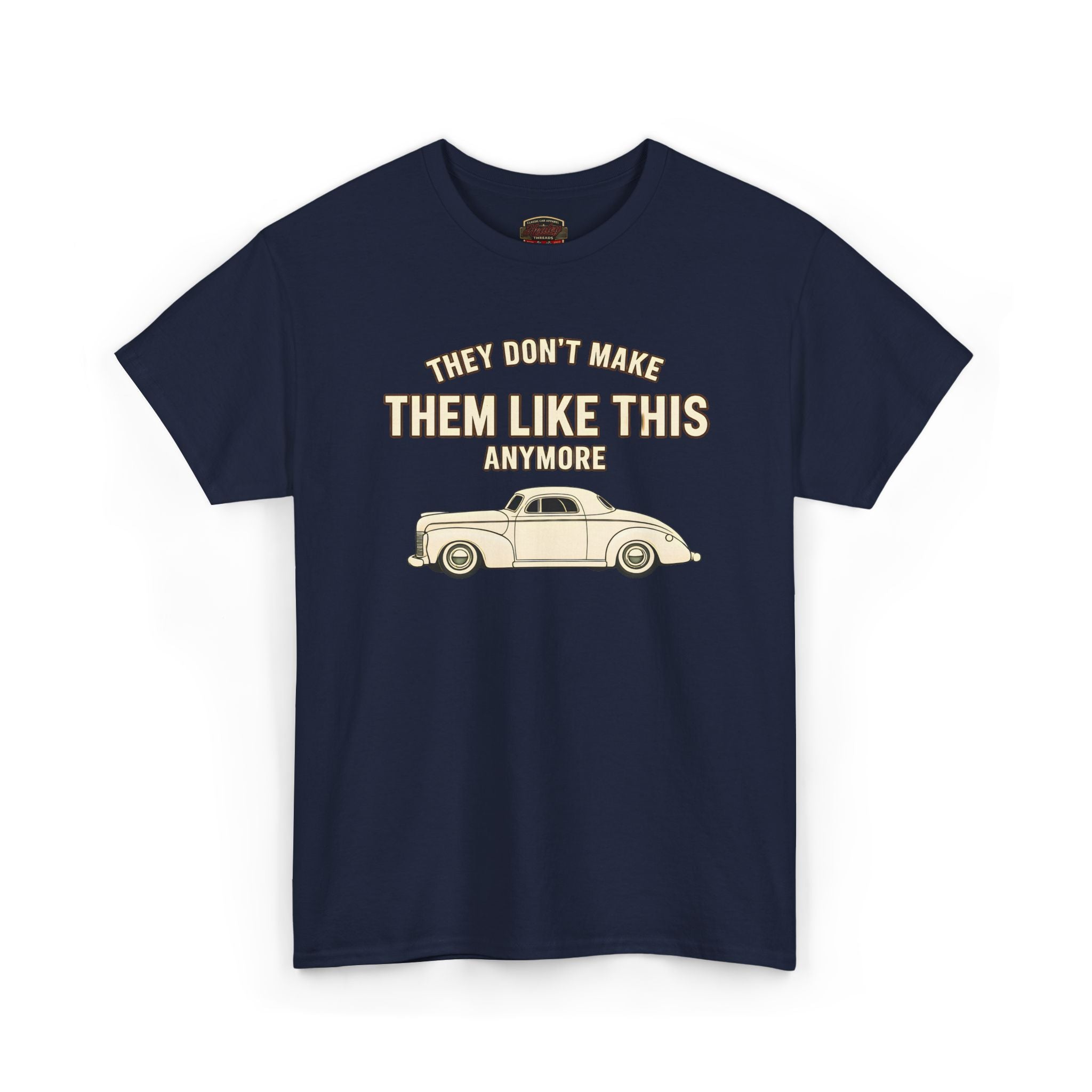 Navy blue t-shirt with vintage car graphic and text on a white background