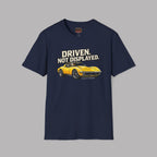 Navy blue t-shirt with a yellow muscle car graphic and text on a gray background