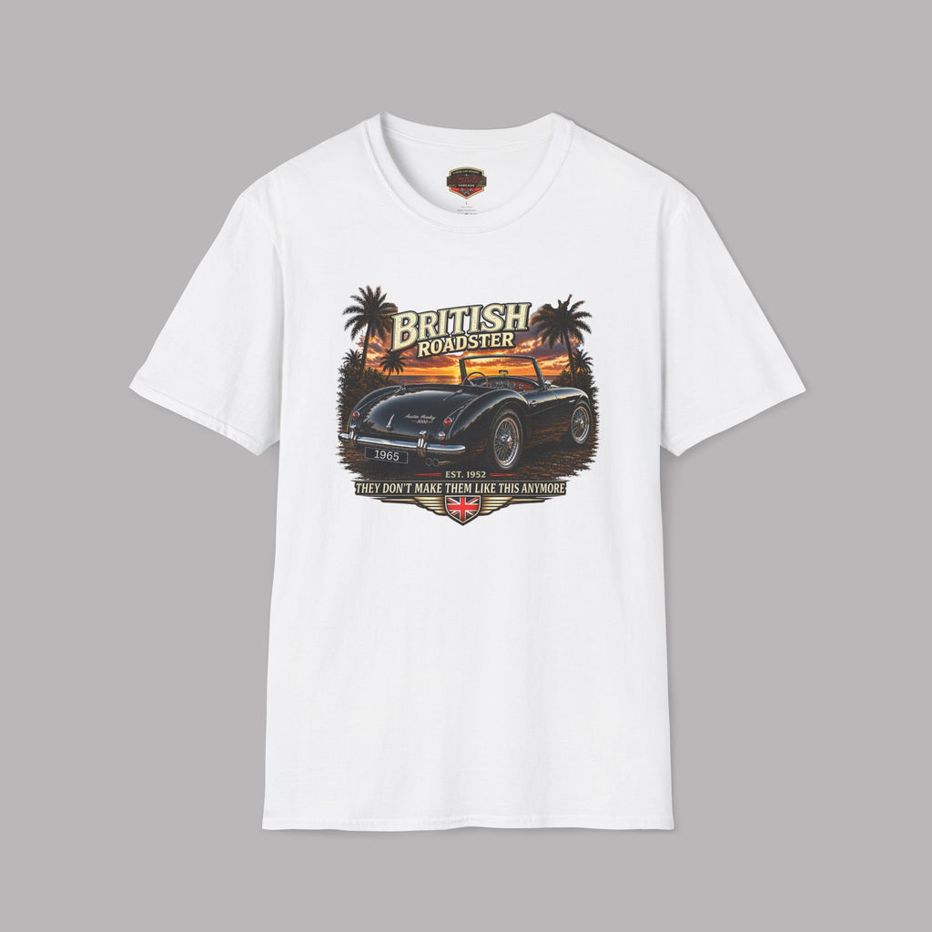 White t-shirt with a graphic design of a car and 'British Roadster' text on a gray background