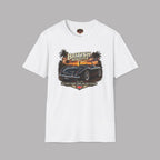 White t-shirt with a graphic design of a car and 'British Roadster' text on a gray background