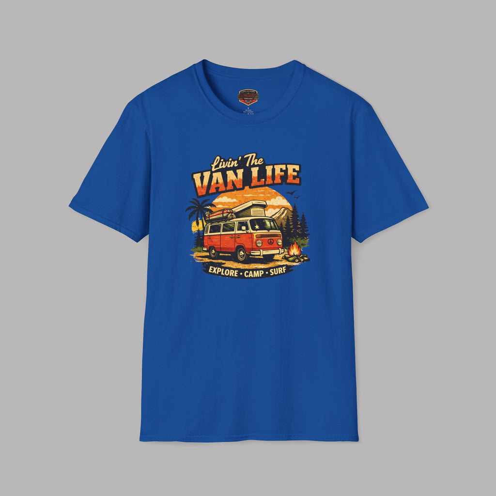 Royal blue t-shirt with 'Van Life' graphic design on a gray background