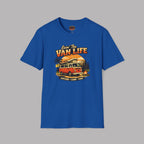 Royal blue t-shirt with 'Van Life' graphic design on a gray background