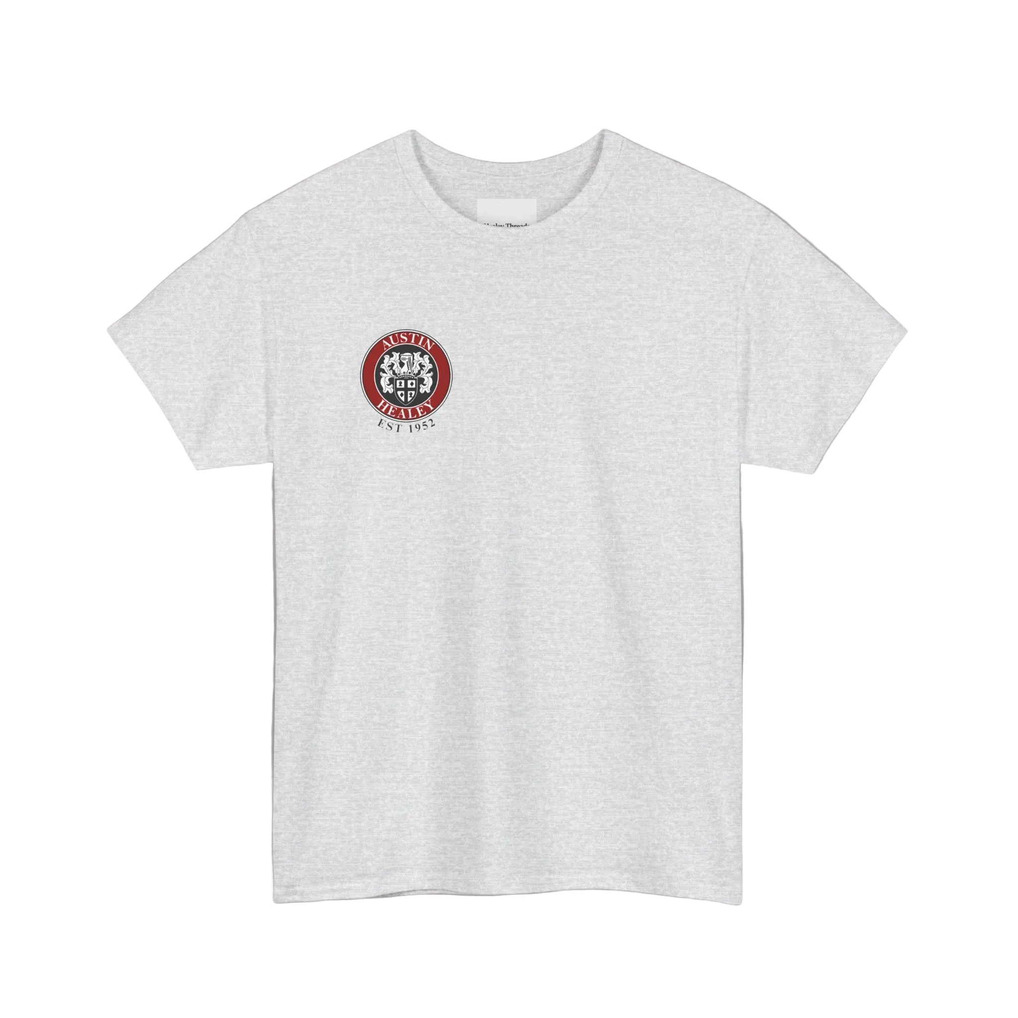 White t-shirt with a red and black logo on a white background