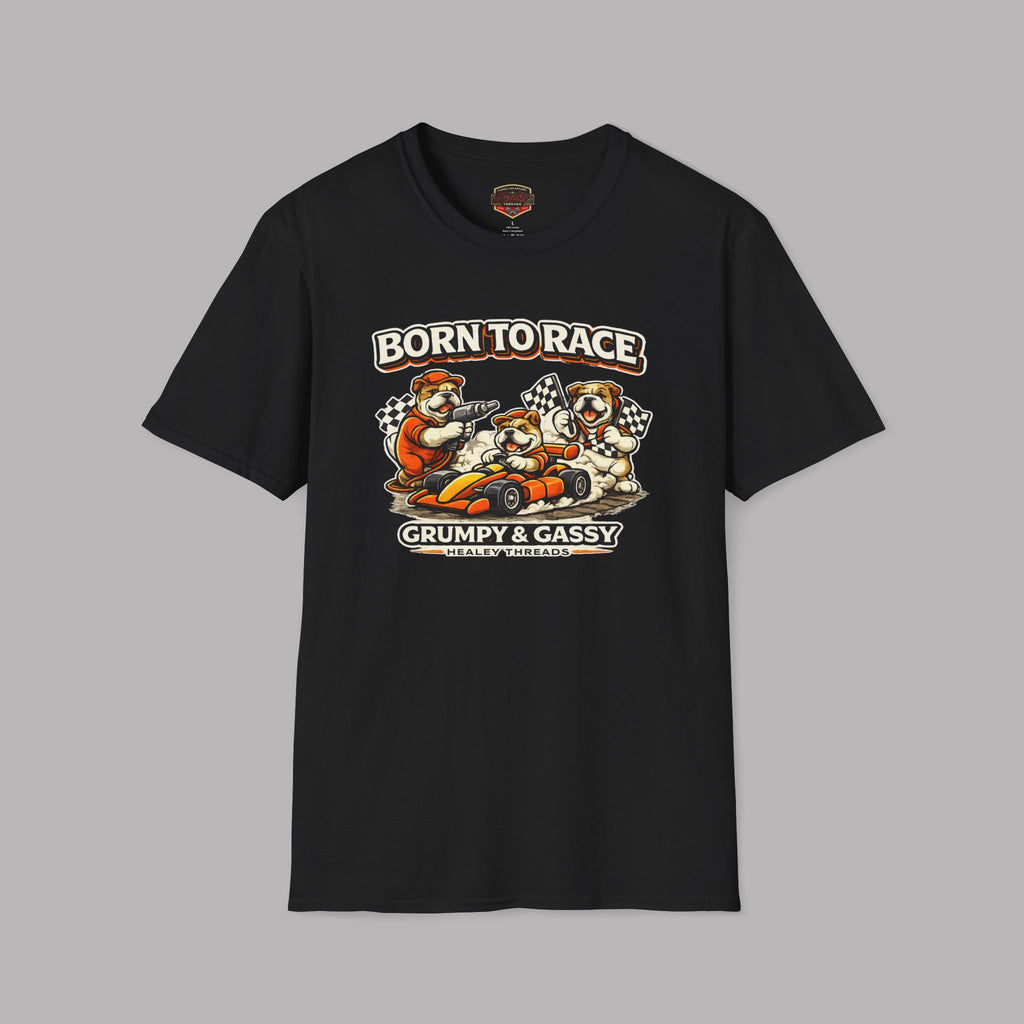 Black t-shirt with cartoon bears racing and text 'Born to Race Grumpy & Gassy' on a gray background