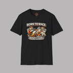Black t-shirt with cartoon bears racing and text 'Born to Race Grumpy & Gassy' on a gray background