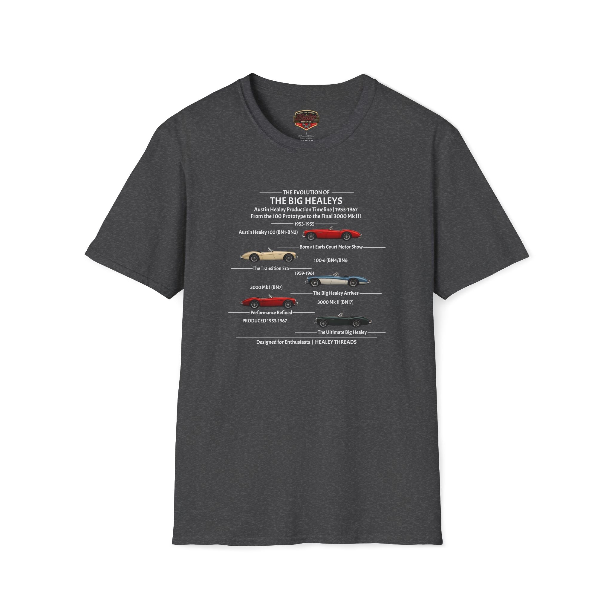 Dark heather t-shirt with a Austin-Healey timeline of (1953–1967 models) on white background