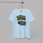 Light blue t-shirt with a graphic design of a car and text on a hanger against a gray background
