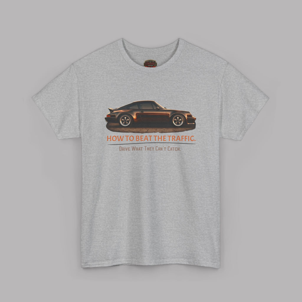 Sport gray t-shirt with a car graphic and text on a gray background
