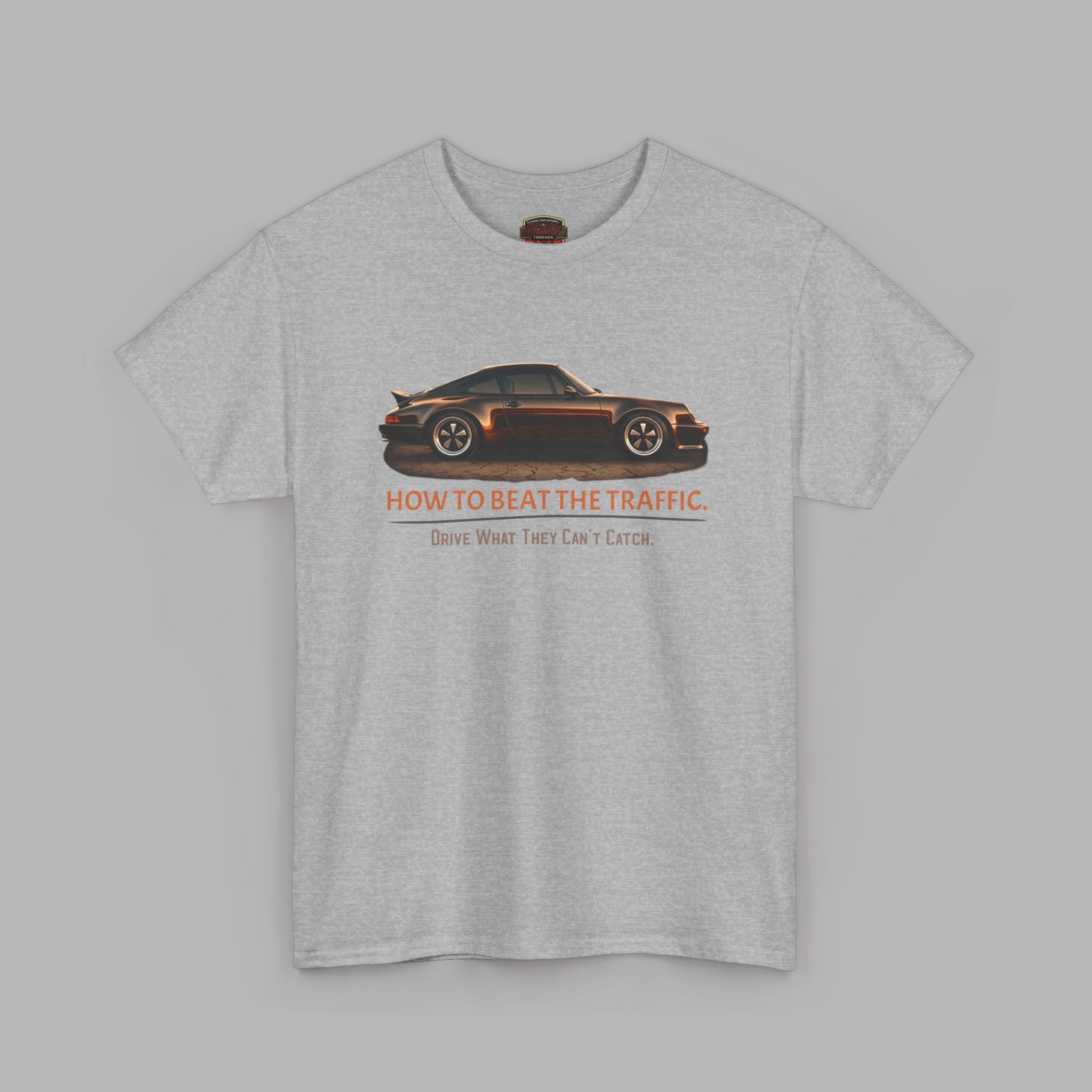 Sport gray t-shirt with a car graphic and text on a gray background