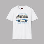 White t-shirt with Healey car graphic and text on a gray background