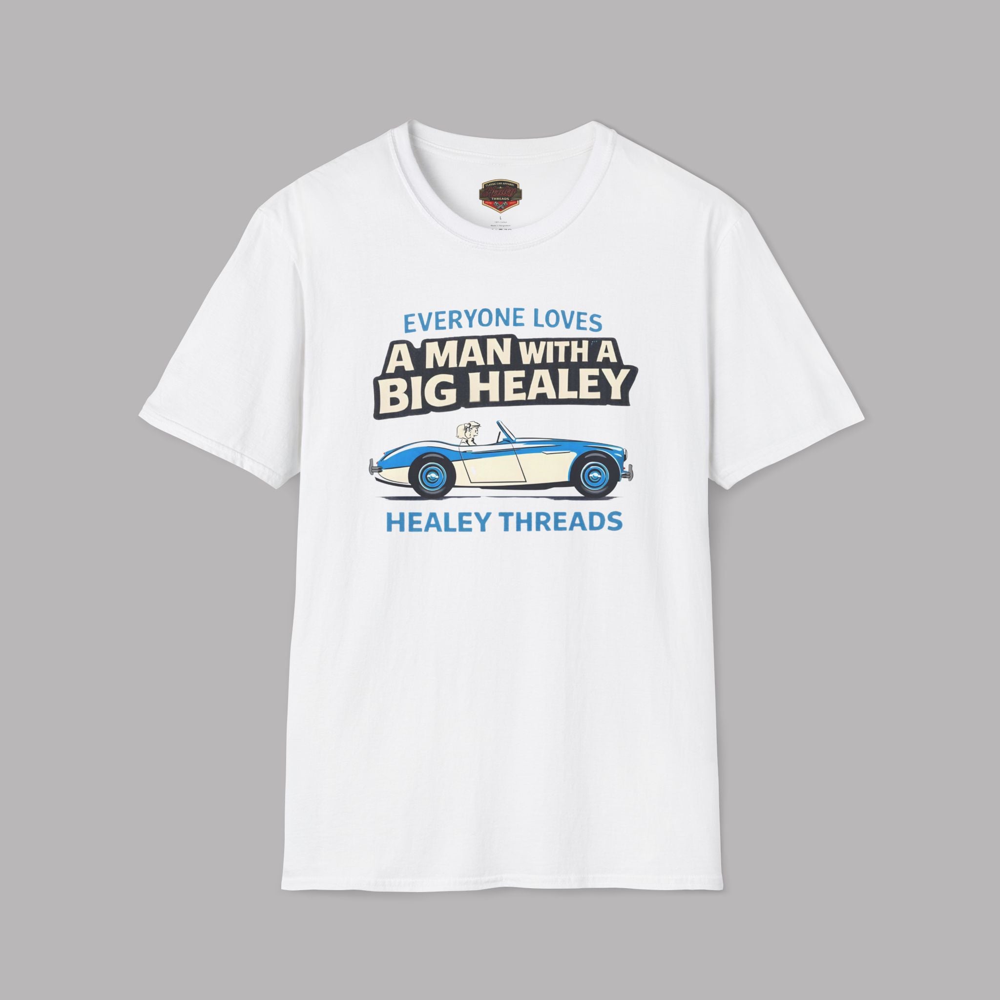 White t-shirt with Healey car graphic and text on a gray background