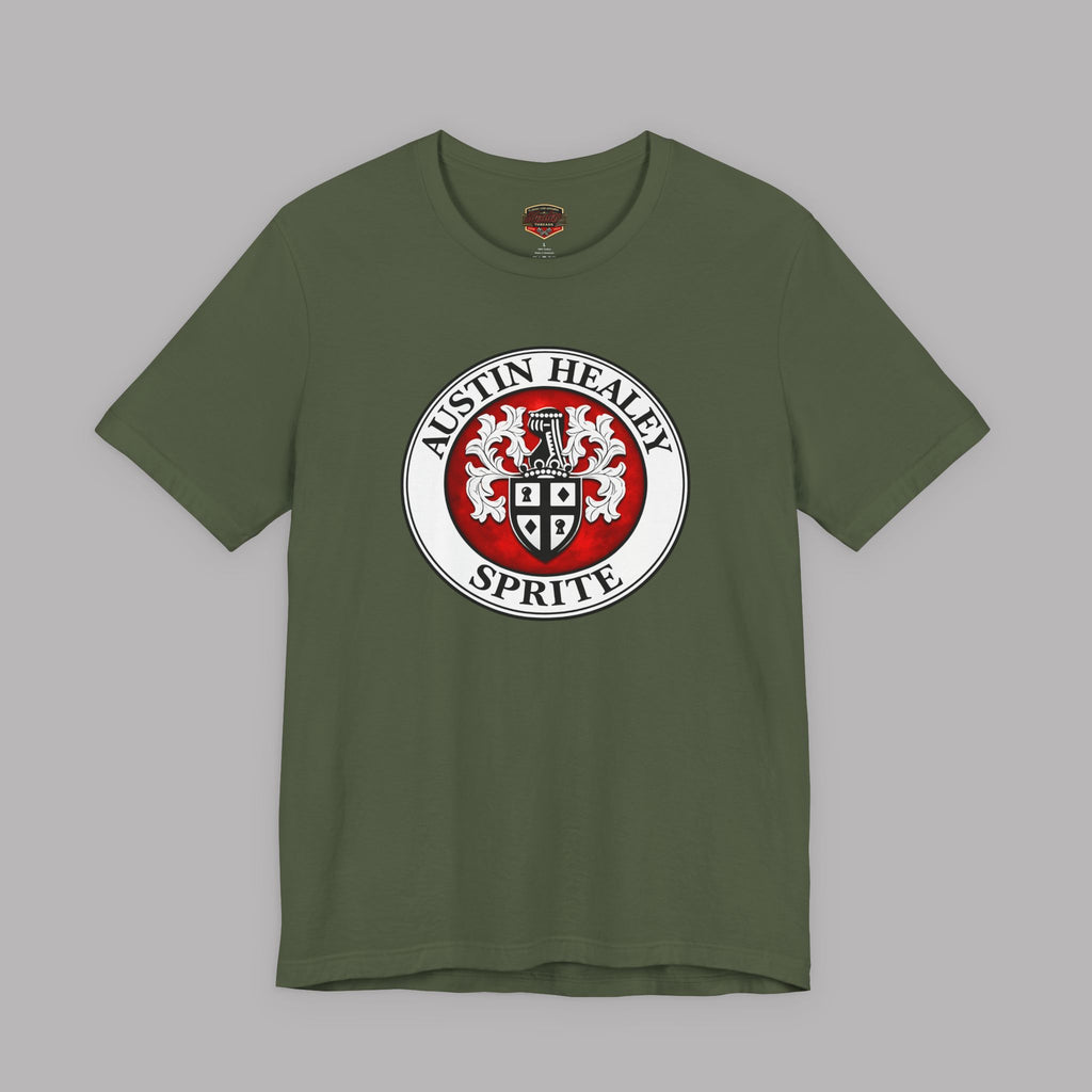 Military green tee of a Healey Sprite logo on a gray background