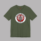 Military green tee of a Healey Sprite logo on a gray background