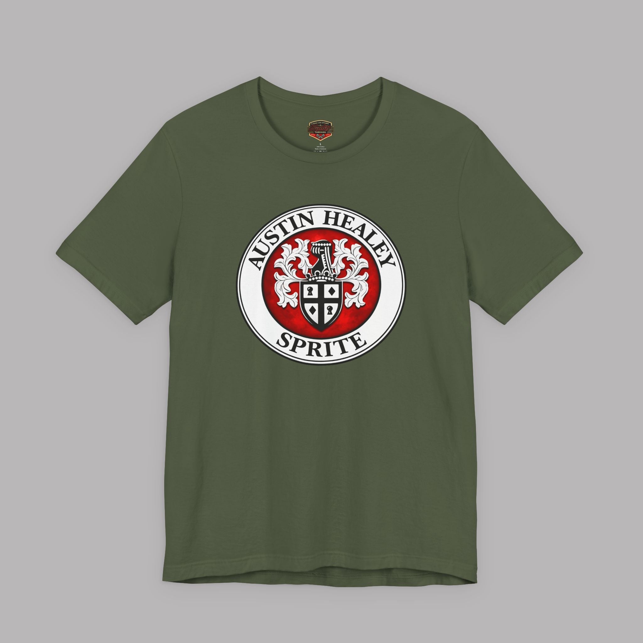 Military green tee of a Healey Sprite logo on a gray background