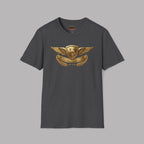 Dark heather t-shirt with a gold Healey emblem on a gray background