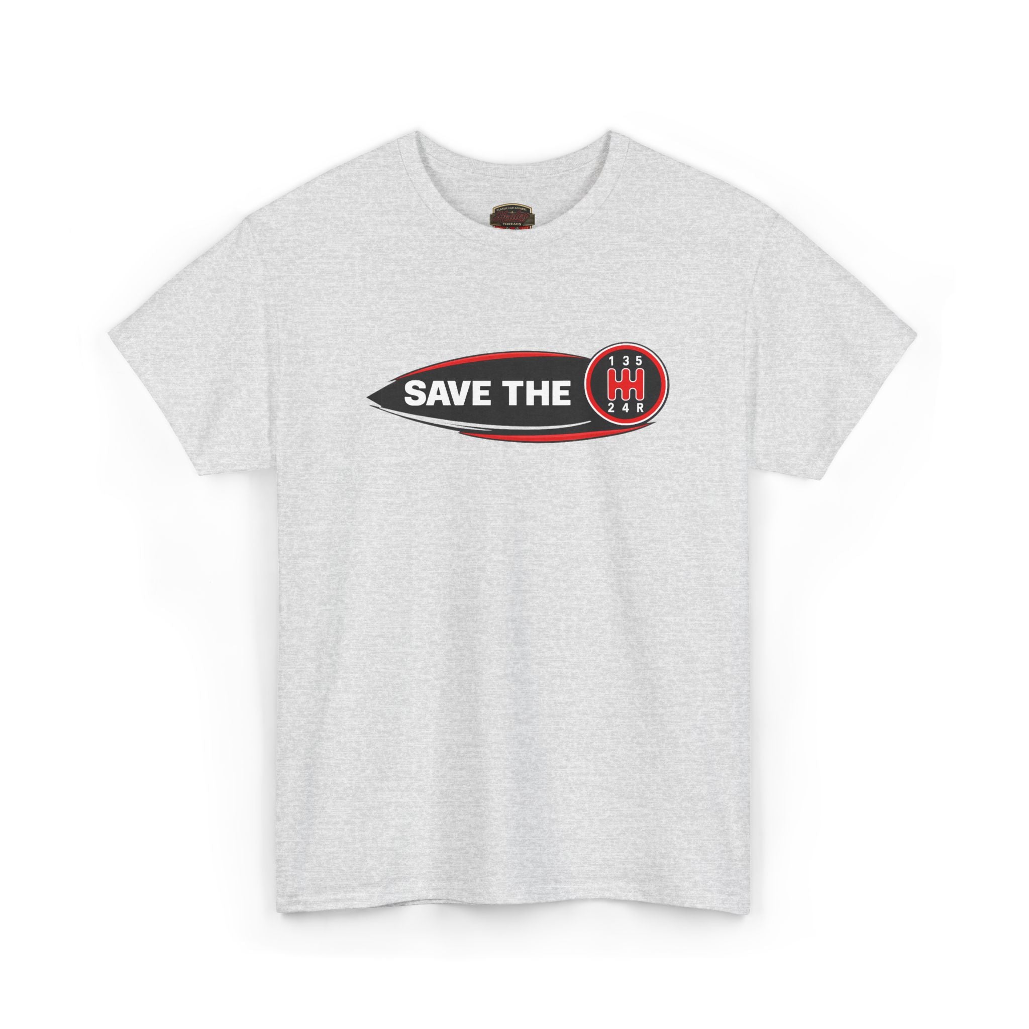 Ash t-shirt with 'Save the stick shift' graphic design on a white background