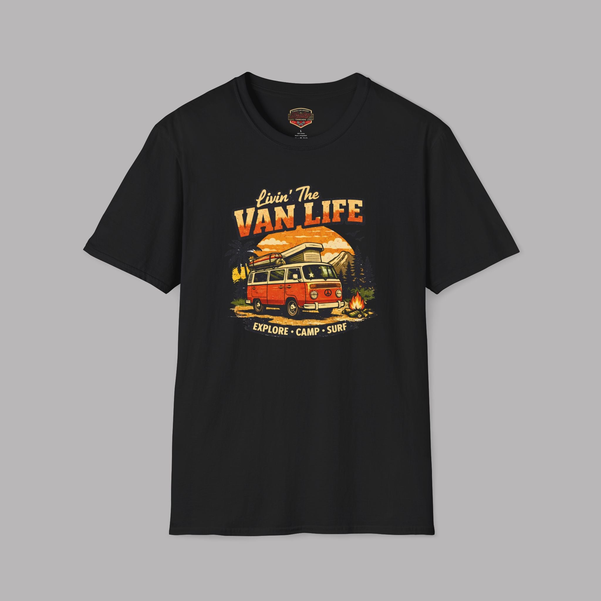 Black t-shirt with 'Van Life' graphic design featuring a van and camping elements on a gray background.