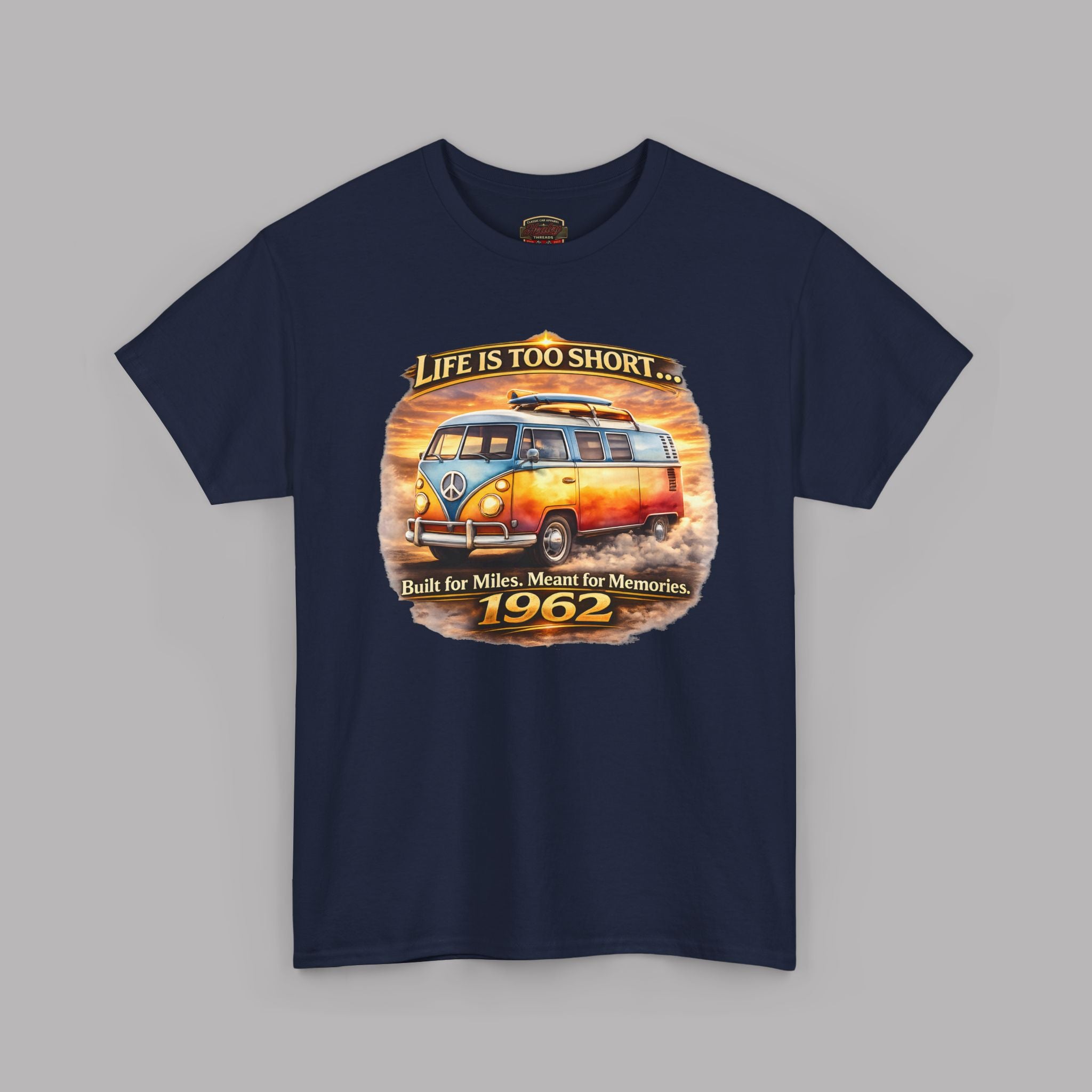 Navy blue t-shirt with a 1962 vintage van graphic and text on a gray background