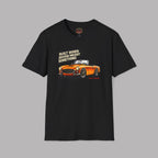 Black t-shirt with orange car graphic and text on a gray background