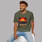 Man wearing a military green t-shirt with 'American Muscle' graphic design on a gray background