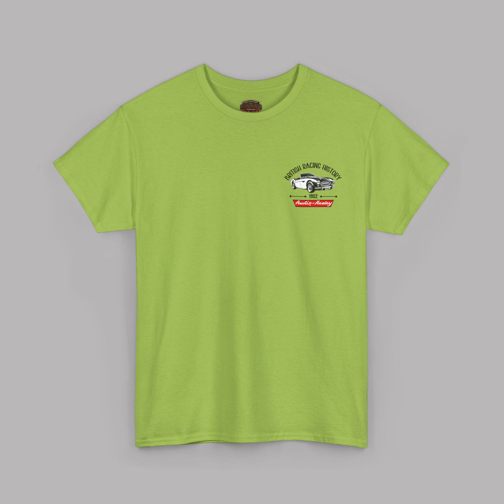 Kiwi green t-shirt with a Healey logo on the left chest against a gray background