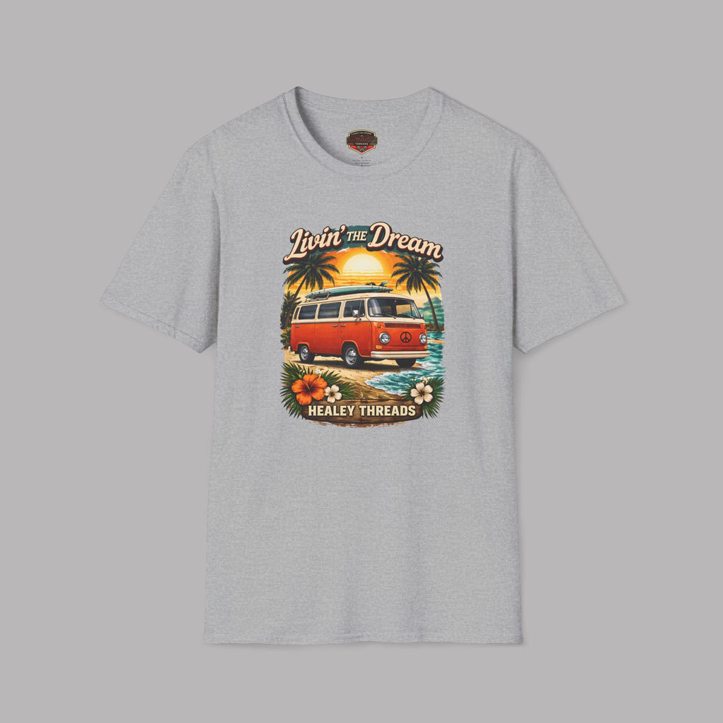 Sport gray t-shirt with a graphic of a van and palm trees on a gray background