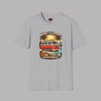 Sport gray t-shirt with a graphic of a van and palm trees on a gray background