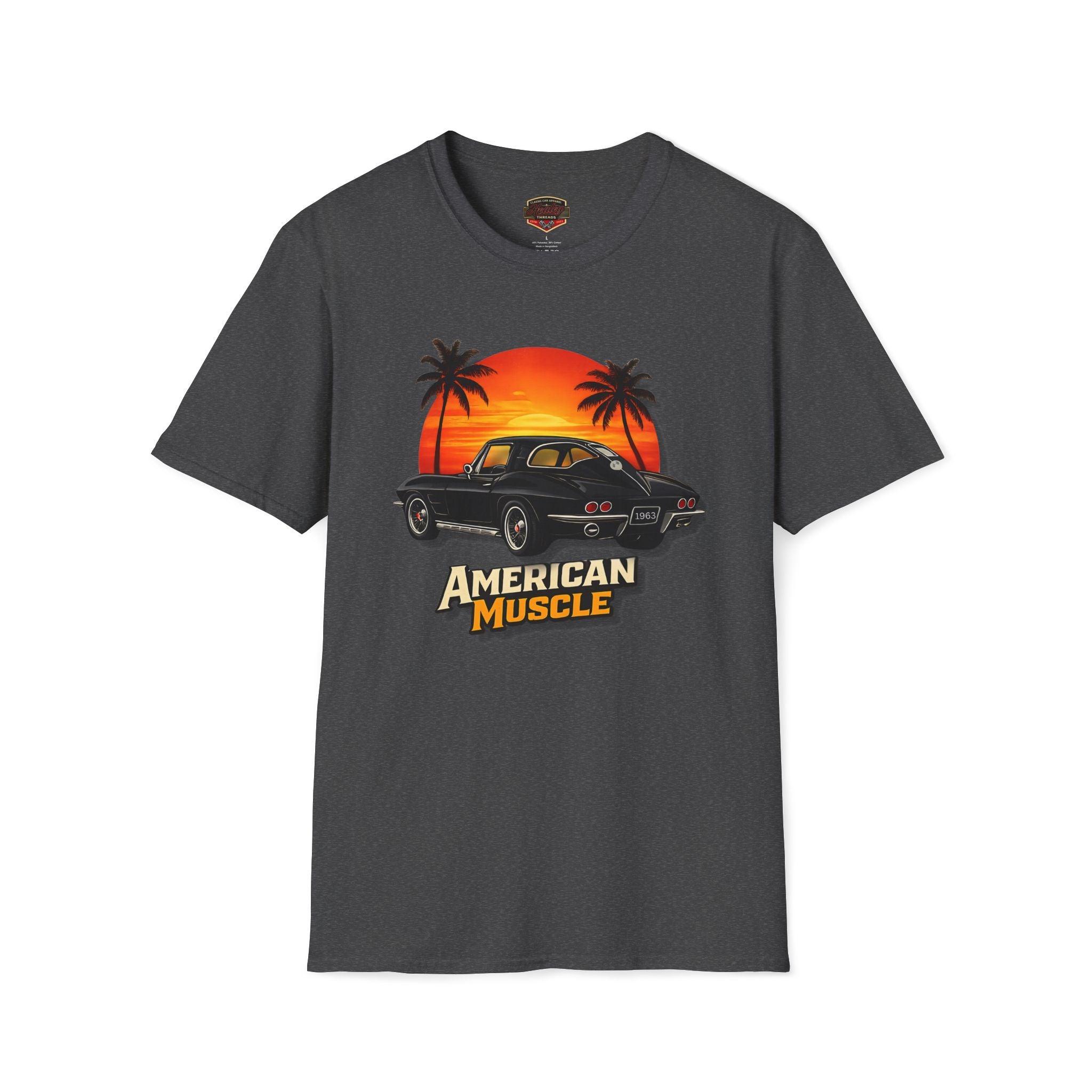 Dark heather t-shirt with 'American Muscle' graphic design featuring a sunset and car on a white background