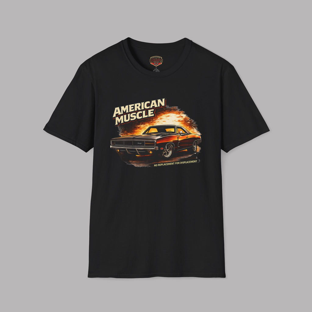 Black t-shirt with 'American Muscle' graphic design on a gray background