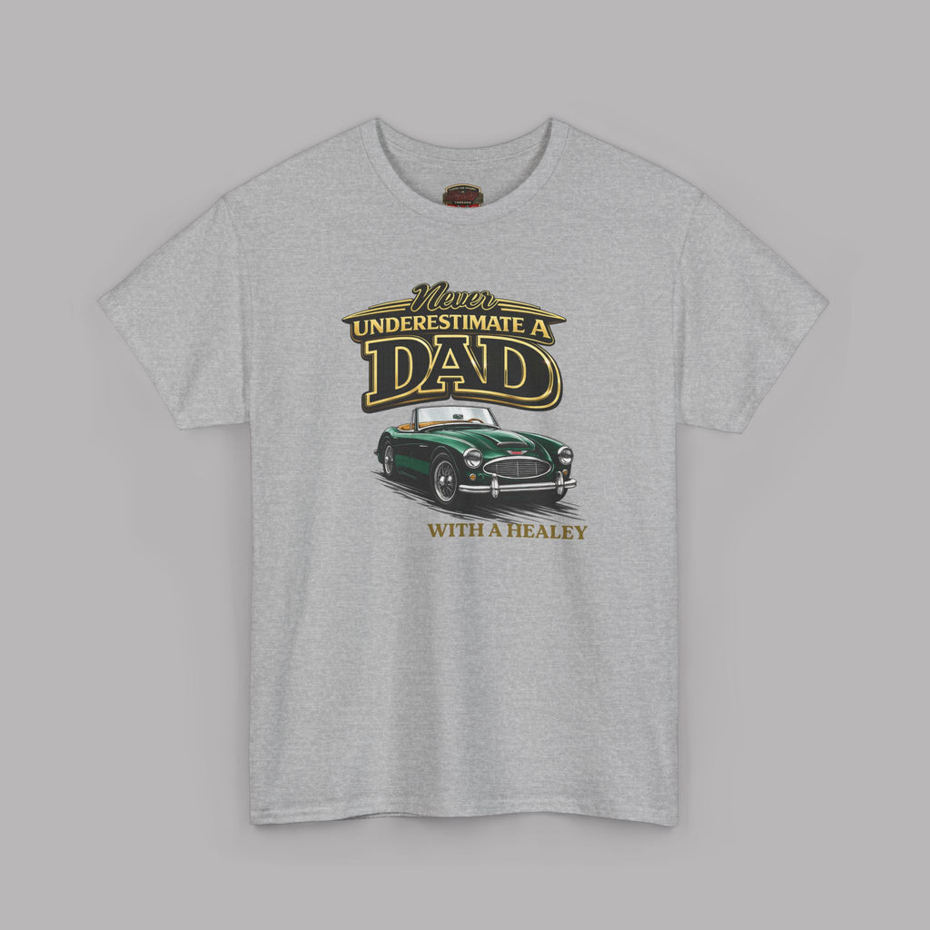 Sport gray t-shirt with a graphic of a car and text on a gray background