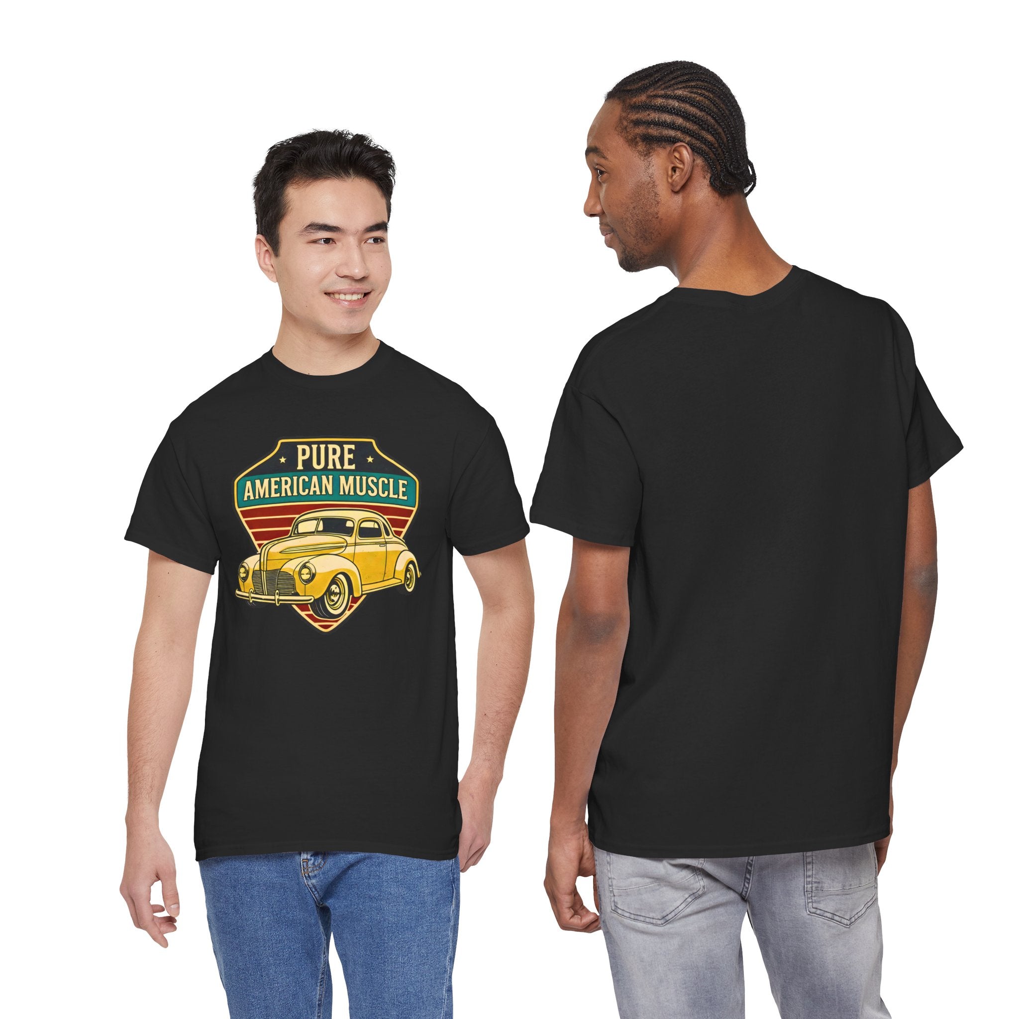 Black t-shirt with vintage car graphic and 'Pure American Muscle' text worn by two men, front and back views.