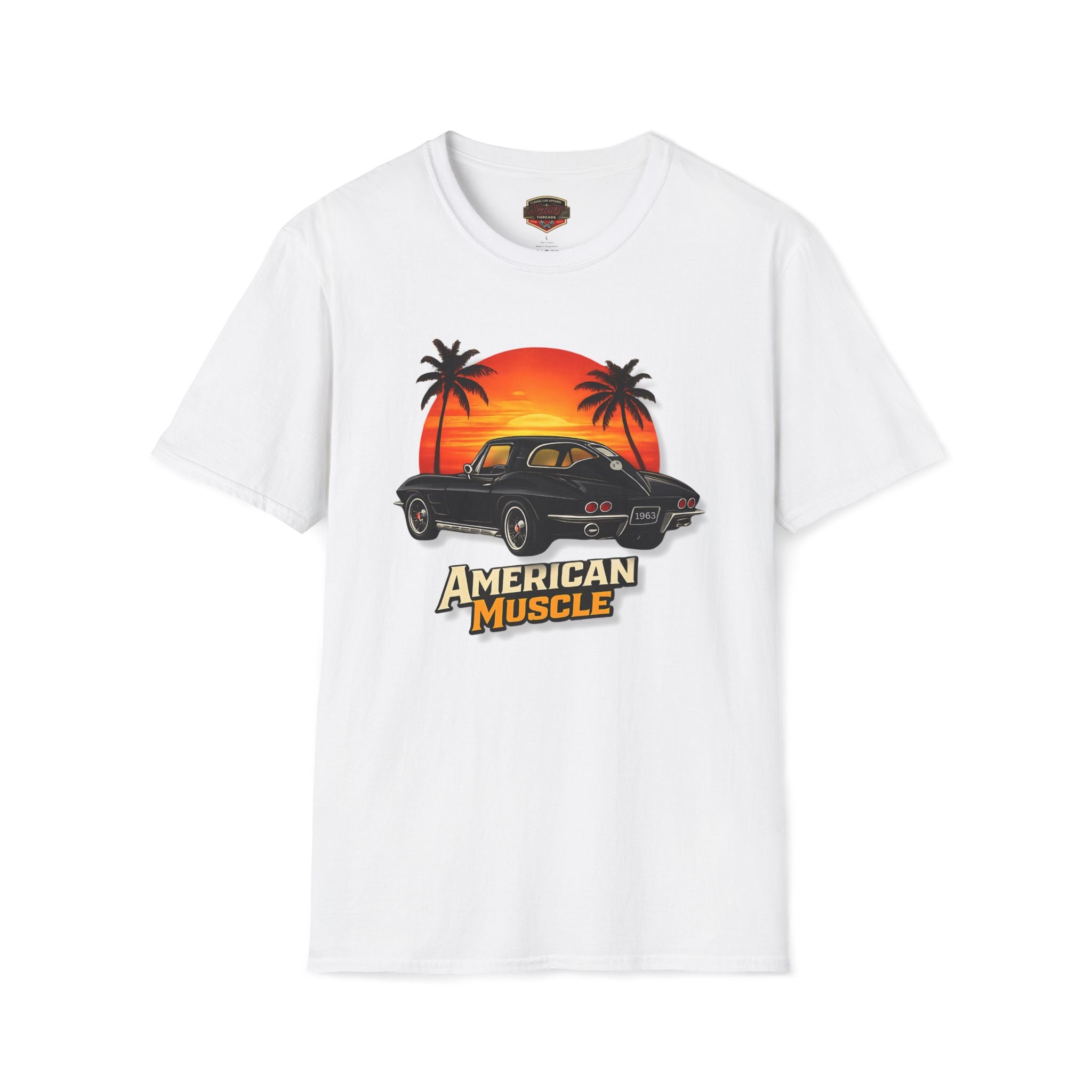 White t-shirt with 'American Muscle' graphic featuring a car and sunset design on a white background