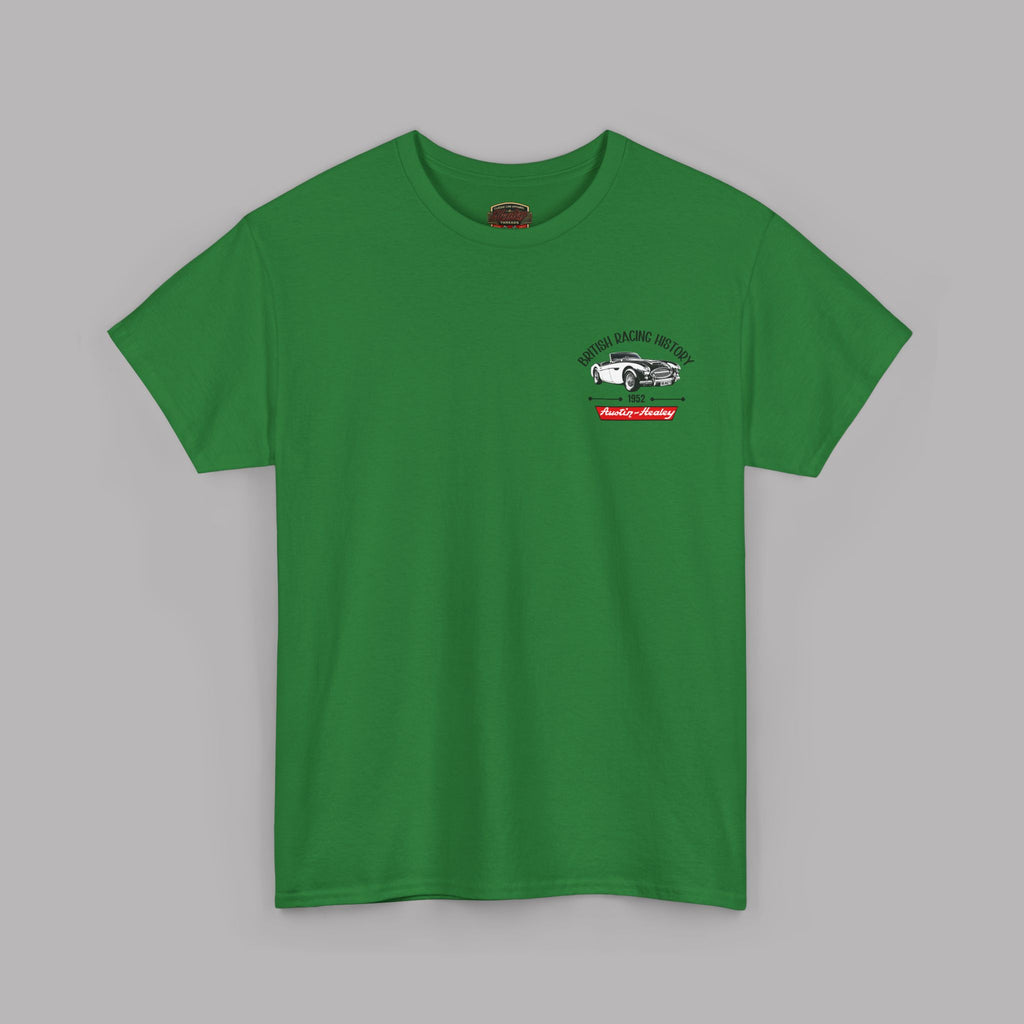 Turf green t-shirt with a small Healey logo on left chest, on a gray background 