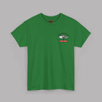 Turf green t-shirt with a small Healey logo on left chest, on a gray background 