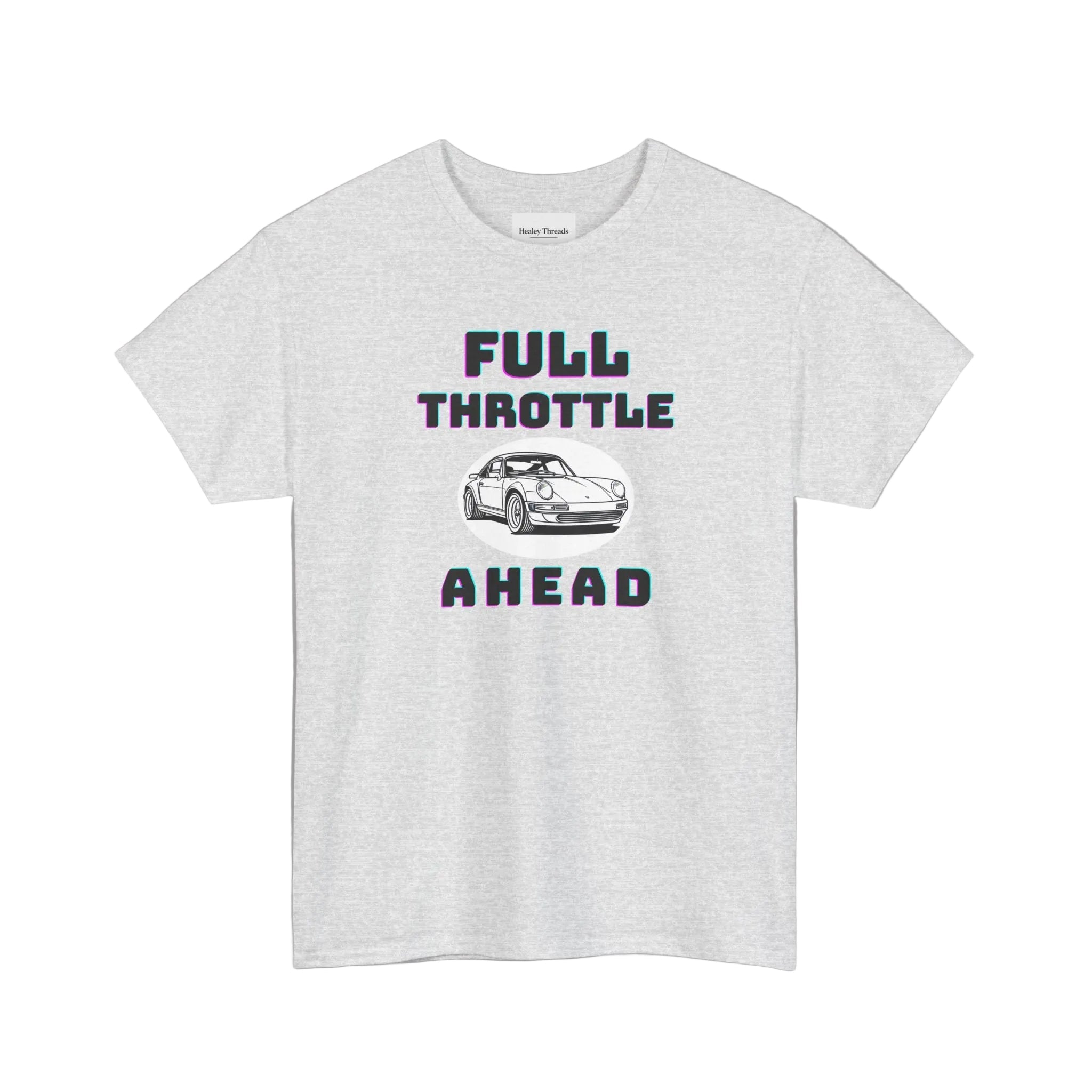 Gray t-shirt with 'Full Throttle Ahead' graphic design on a white background