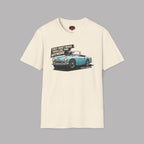 Natural t-shirt with a graphic of a blue vintage car and text on a gray background
