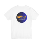 Back view white t-shirt with a blue circle featuring an Austin Healey car design on a white background