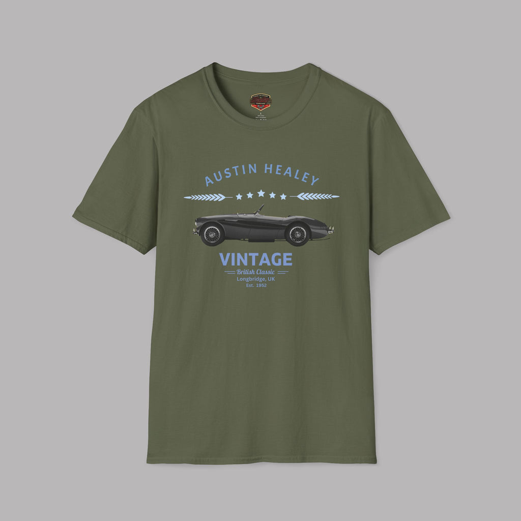 Military green t-shirt with vintage car graphic and text on a gray background