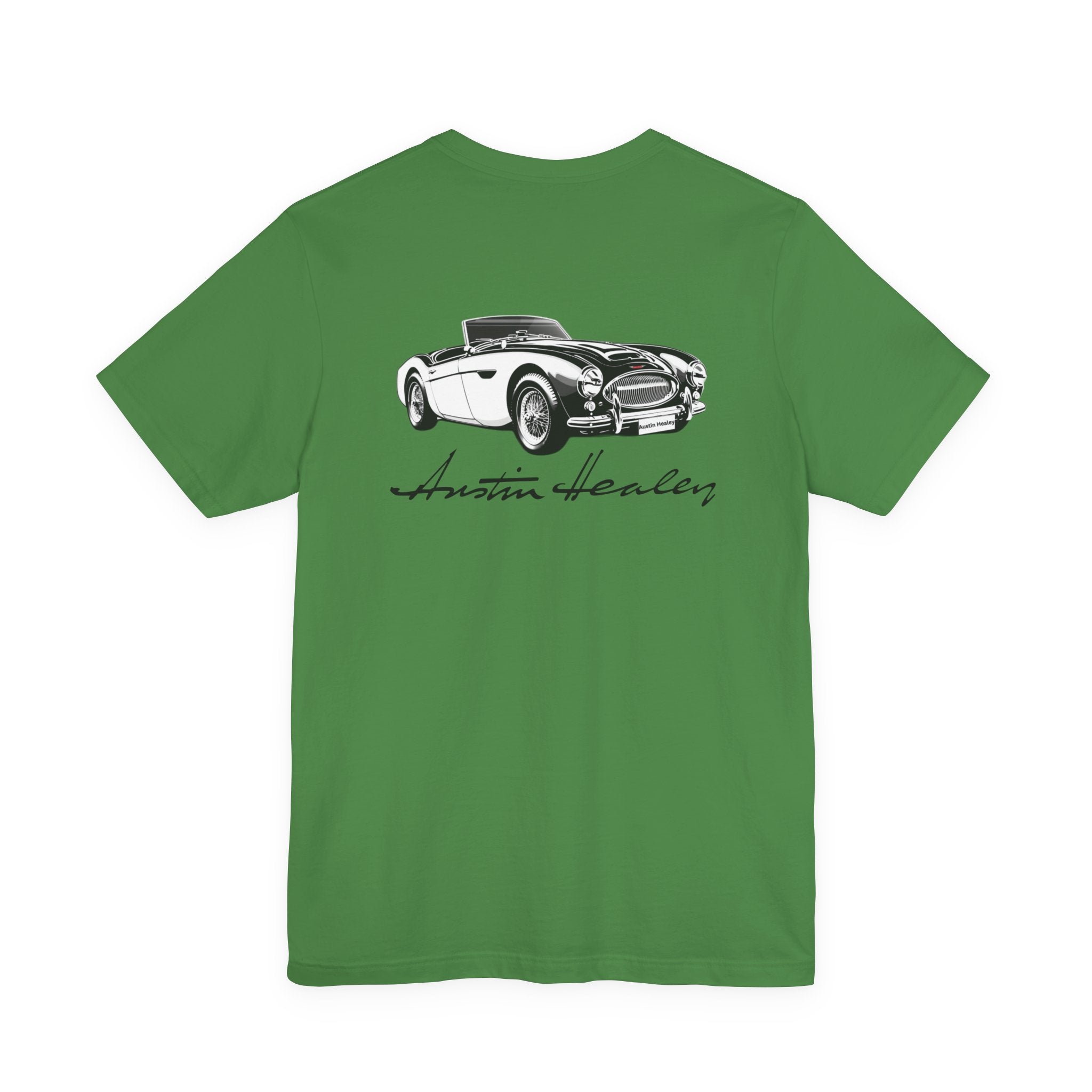 Back of a green t-shirt with black car graphic and 'Austin Healey' text on a white background