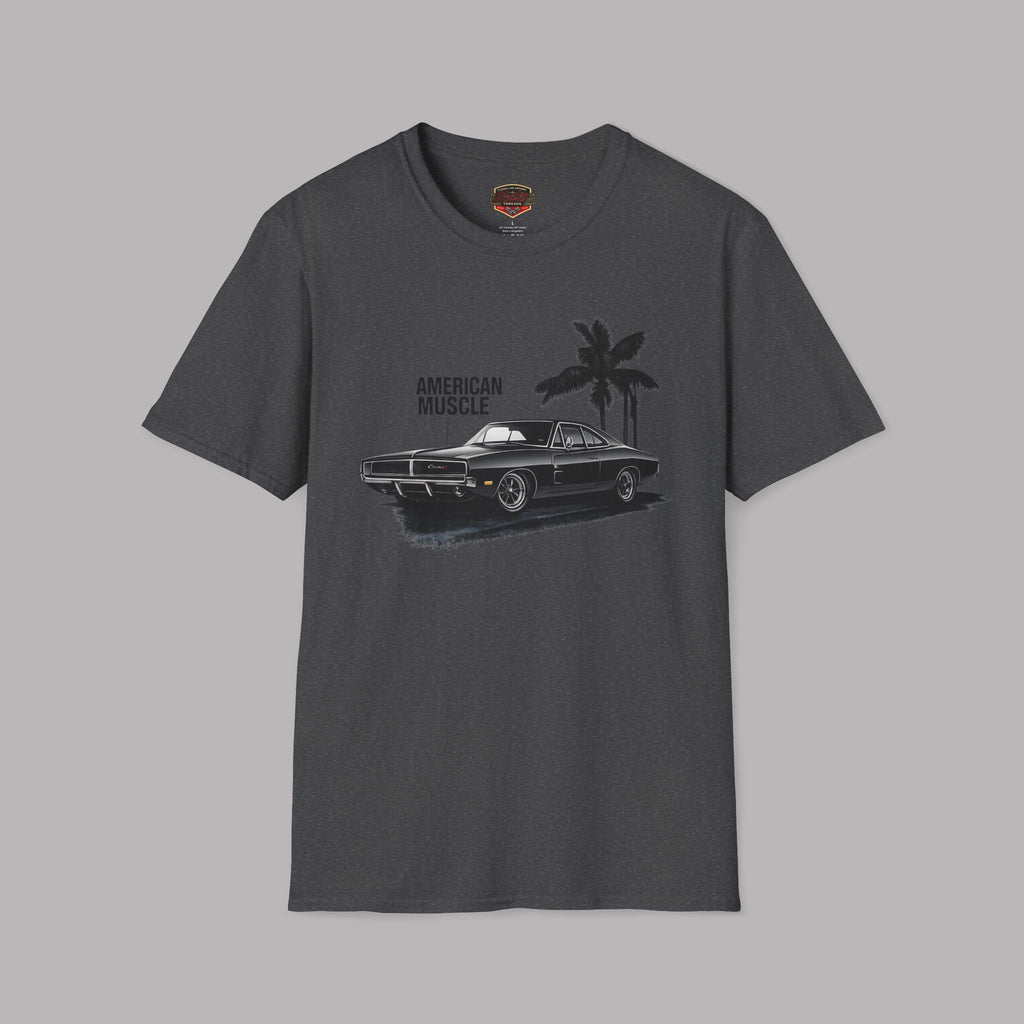Dark heather t-shirt with a graphic of a muscle car and palm trees on a gray background