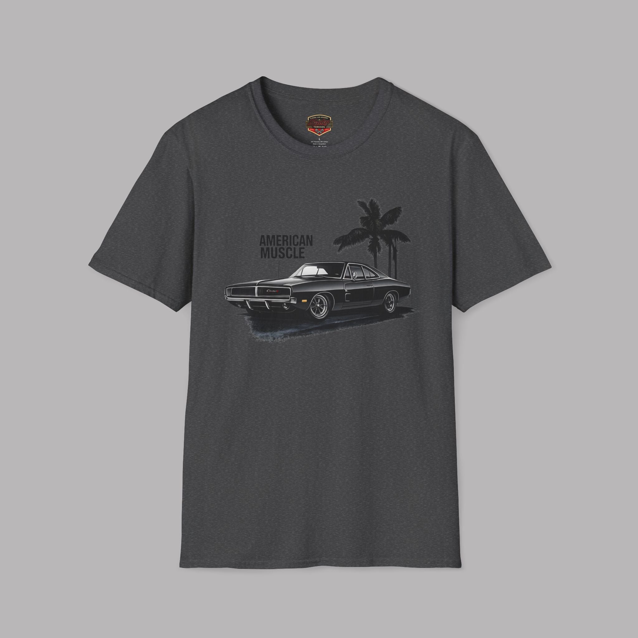 Dark heather t-shirt with a graphic of a muscle car and palm trees on a gray background