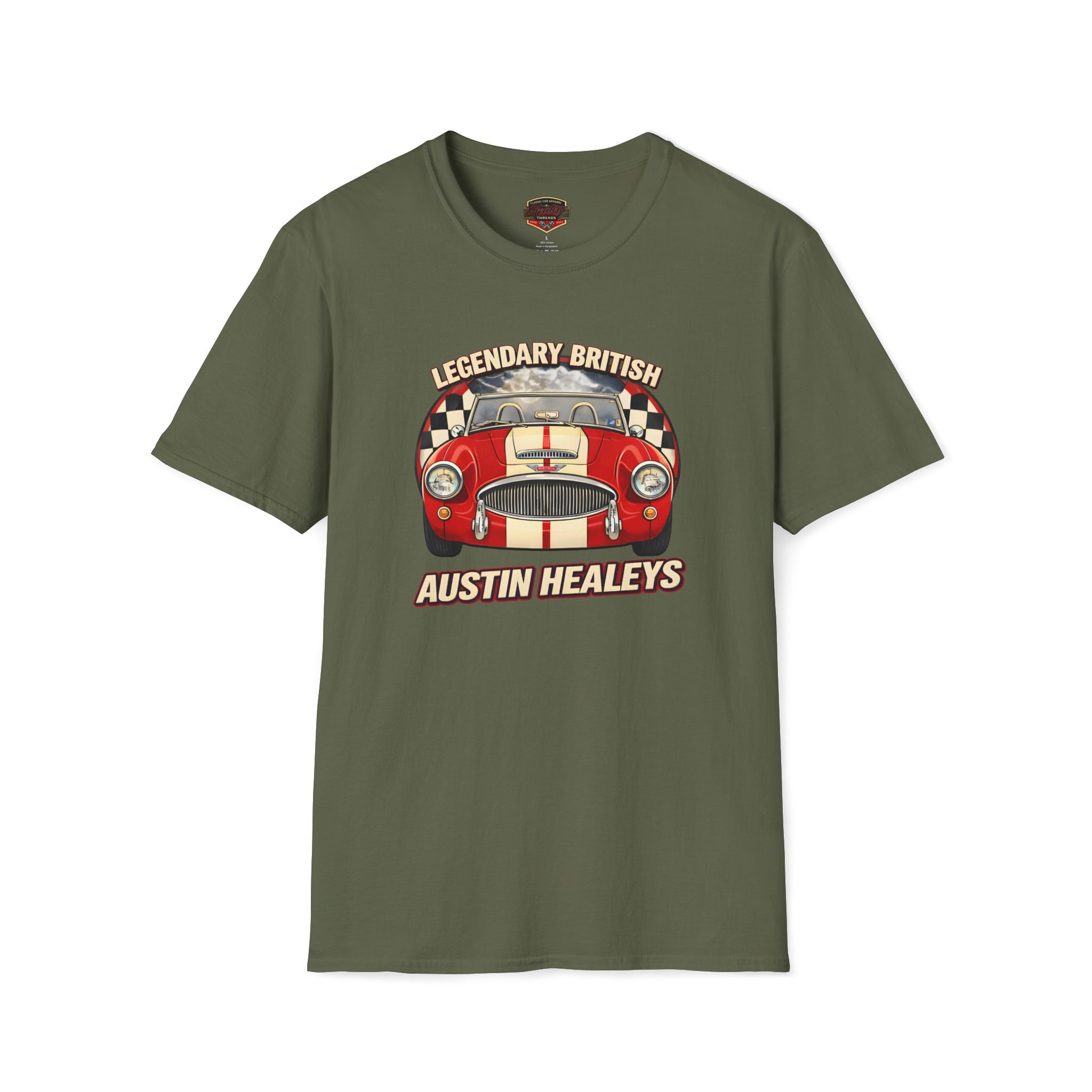 Military green t-shirt with a graphic Healey design and text on a white background