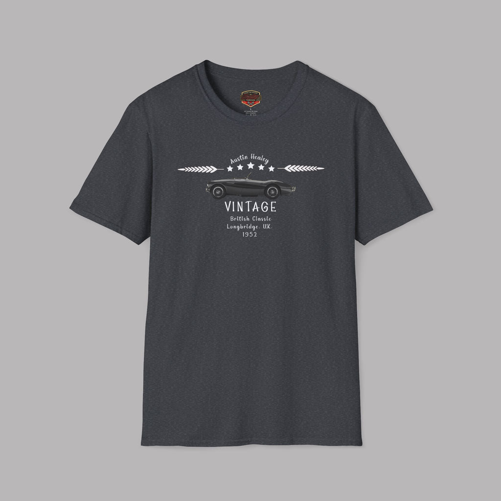 Dark heather t-shirt with a black graphic design on a white background